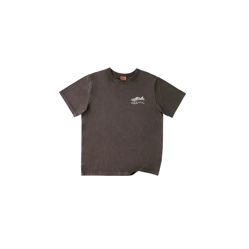 A dark brown short-sleeve t-shirt with a small white embroidered logo on the left chest, displayed flat against a light gray background.