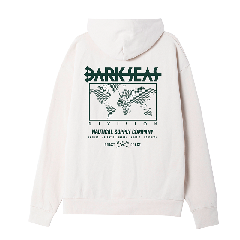 A light cream-colored hoodie shown from the back, featuring a dark green graphic print with the text 'DARK SEAT', a world map, and 'NAUTICAL SUPPLY COMPANY'.