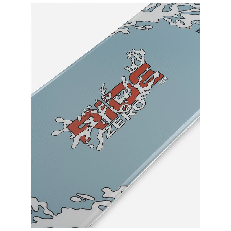 A close-up of a snowboard deck featuring a light blue base with a large red and white 'RIDE ZERO' graphic and white splash-style border designs at the ends.