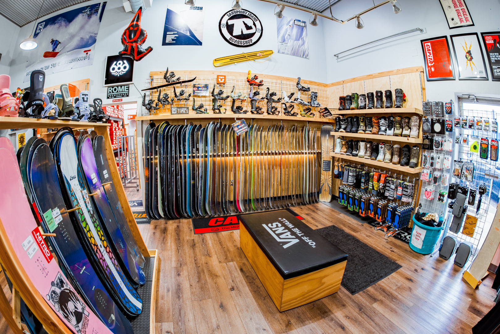 Interior of 7B Boardshop in Sandpoint Idaho showing skate gear apparel and boardsports products