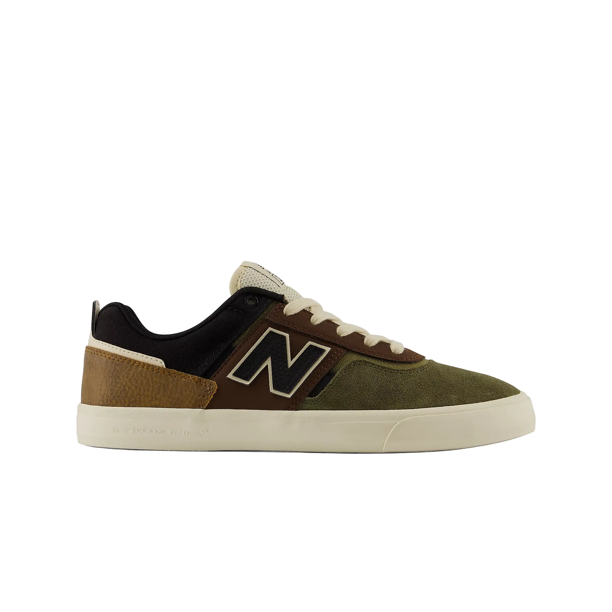 A New Balance low-top sneaker in olive green suede, brown leather, and black mesh, featuring a cream-colored midsole and 'N' logo.