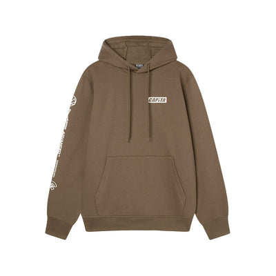 A brown pullover hoodie with a white 'CAPiTA' logo patch on the left chest and white graphic prints on the right sleeve, displayed against a solid white background.
