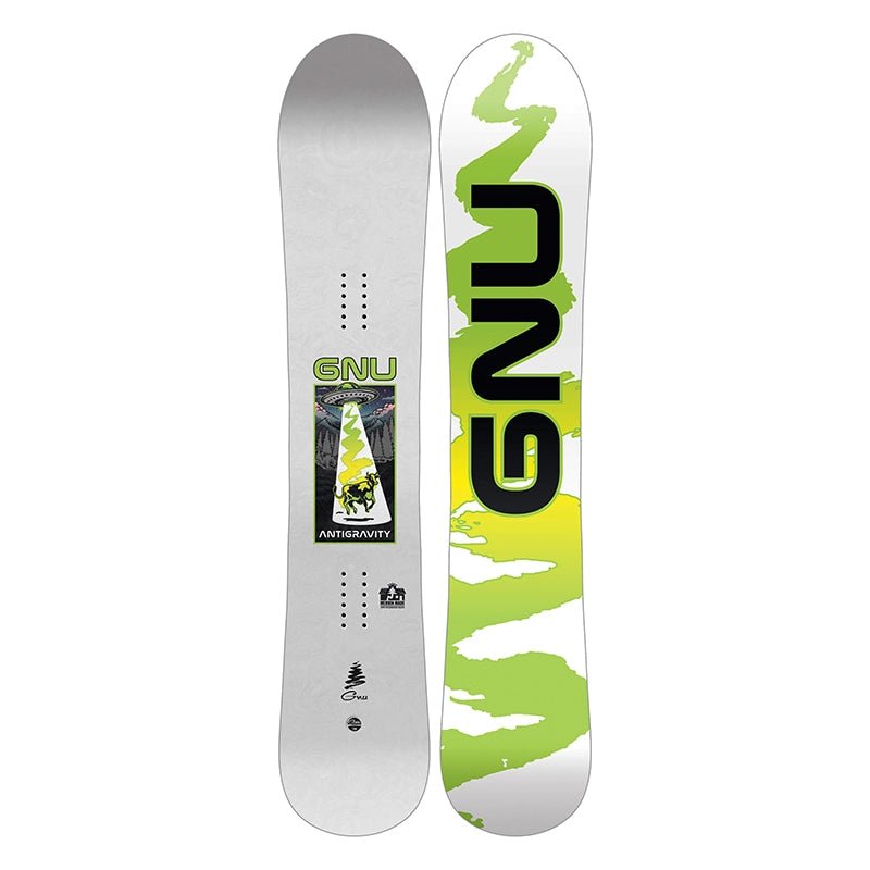 A Gnu snowboard shown from both sides against a white background. The top side features a white base with lime green brushstroke graphics and large black 'GNU' branding, while the bottom side is silver with a small green and black Gnu logo and bindings visible.