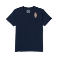 A navy blue short-sleeve crewneck pocket t-shirt featuring a small embroidered skull-and-crossbones hand graphic on the left chest and a circular eye logo printed inside the collar, shown against a plain white background.