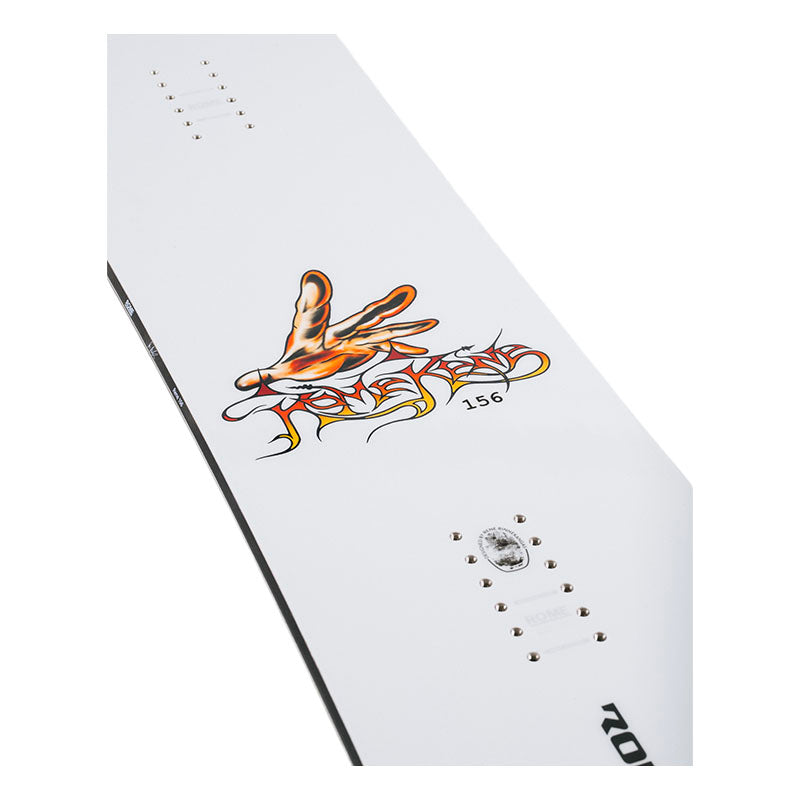 A close-up of a white snowboard art featuring a stylized orange and yellow graphic with the word 'Rome Rene' and the number '156'.