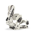 White snowboard bindings with black and gray design on a white background