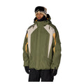 A man wearing an olive green ski jacket with cream and yellow accents, black snow pants, black gloves, and a beige beanie with goggles, photographed against a solid white background.