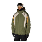 A man wearing an olive green ski jacket with cream and yellow accents, black snow pants, black gloves, and a beige beanie with goggles, photographed against a solid white background.