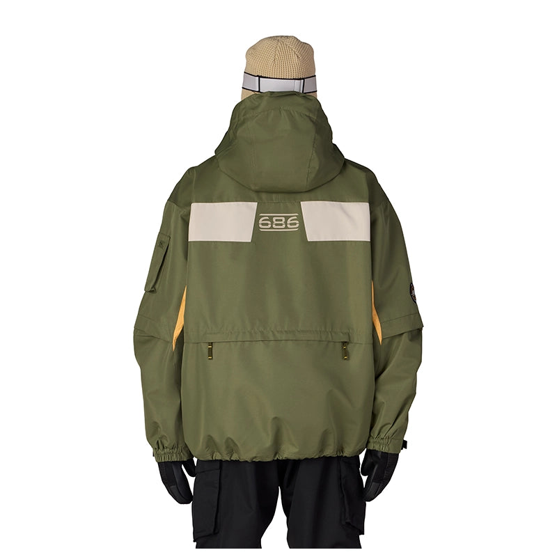 An olive green hooded jacket shown from the back on a mannequin, featuring a beige reflective stripe across the shoulders with a 'G86' logo, black pants, and a beige beanie with a reflective band.