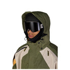 Model wearing Hood to show it fits over helmet