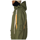 Green raincoat with yellow accents on a white background