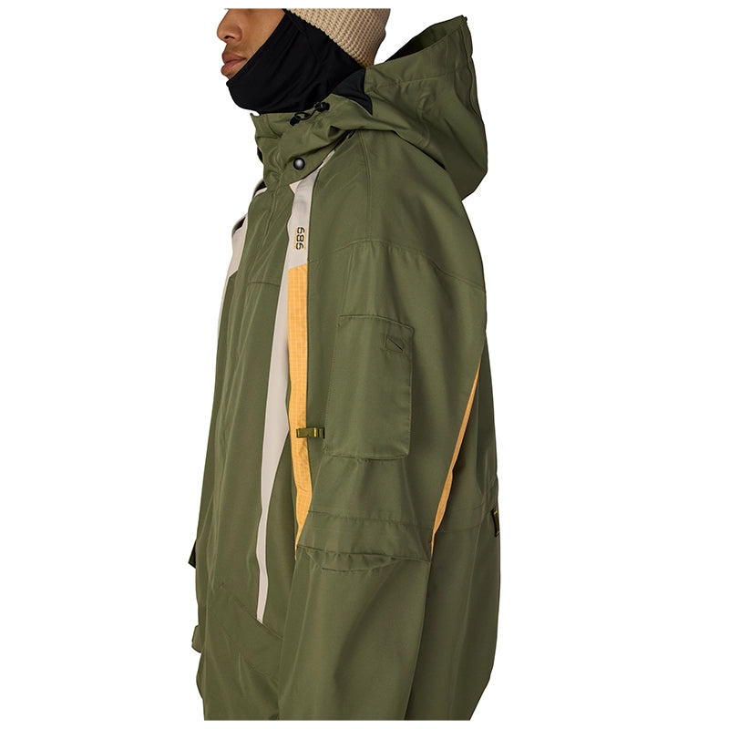 Green raincoat with yellow accents on a white background
