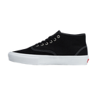 A black high-top canvas sneaker with white stitching, white laces, and a thick white rubber sole, shown in a side profile on a white background.