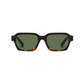 Square sunglasses with a dark tortoiseshell frame and olive green lenses, shown from the front on a light gray background.