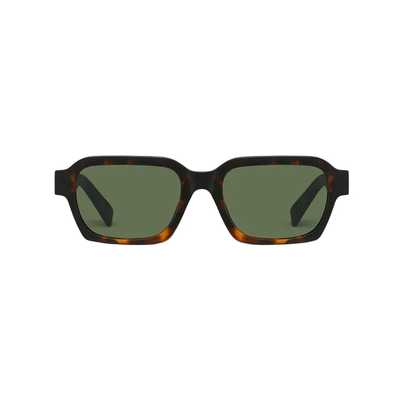 Square sunglasses with a dark tortoiseshell frame and olive green lenses, shown from the front on a light gray background.