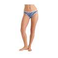 A model's lower body wearing a blue and white patterned thong bikini bottom with white trim, shown against a light pink studio background.