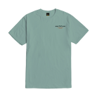 A sage green short-sleeve t-shirt with a small black 'Dark Seas' brand logo printed on the left chest, displayed flat against a solid white background.