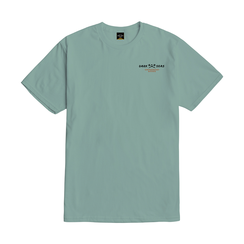 A sage green short-sleeve t-shirt with a small black 'Dark Seas' brand logo printed on the left chest, displayed flat against a solid white background.