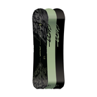 Black and green snowboard with branding on a white background