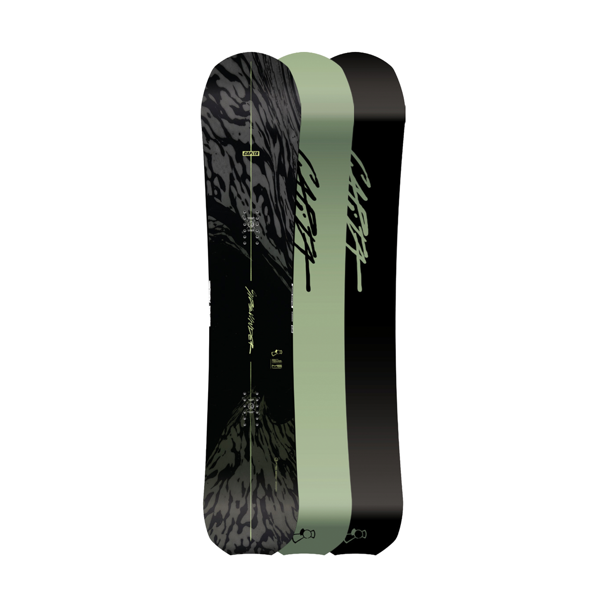 Black and green snowboard with branding on a white background