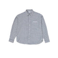 A long-sleeve button-up shirt with a small-scale blue and white gingham check pattern, featuring a chest pocket with a white embroidered logo, displayed on a solid gray background.
