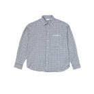 A long-sleeve button-up shirt with a small-scale blue and white gingham check pattern, featuring a chest pocket with a white embroidered logo, displayed on a solid gray background.