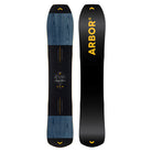 Front and back views of an Arbor snowboard on a solid white background. The snowboard features a black base with a dark blue wood-grain pattern at the nose and tail, and yellow branding details including the 'ARBOR' logo on the back and chevron accents.