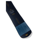 A snowboard shown from a top-down perspective, featuring a dark navy blue base with a textured blue wood-grain pattern on the tail, and yellow graphic details.