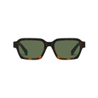 Square sunglasses with a dark tortoiseshell frame and olive green lenses, shown from the front on a light gray background.