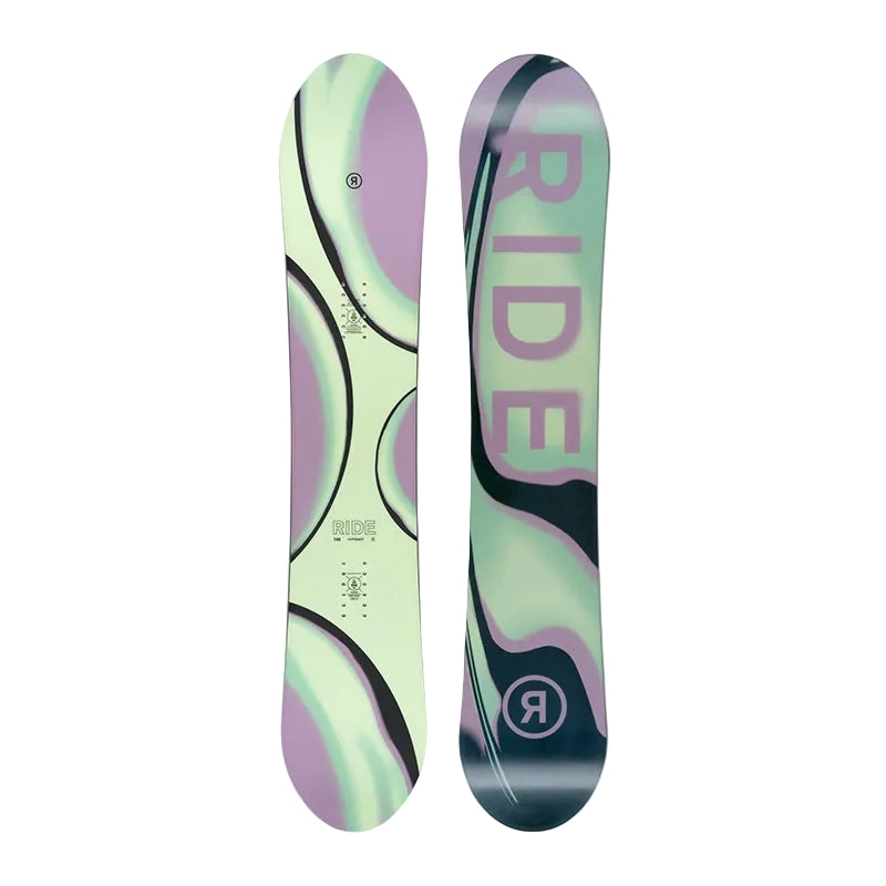 A RIDE snowboard shown from both the top and bottom sides against a light gray background. The top deck features a marbled pattern of mint green, lavender purple, and black, while the bottom deck displays the brand name 'RIDE' in lavender and a circular 'R' logo near the base.