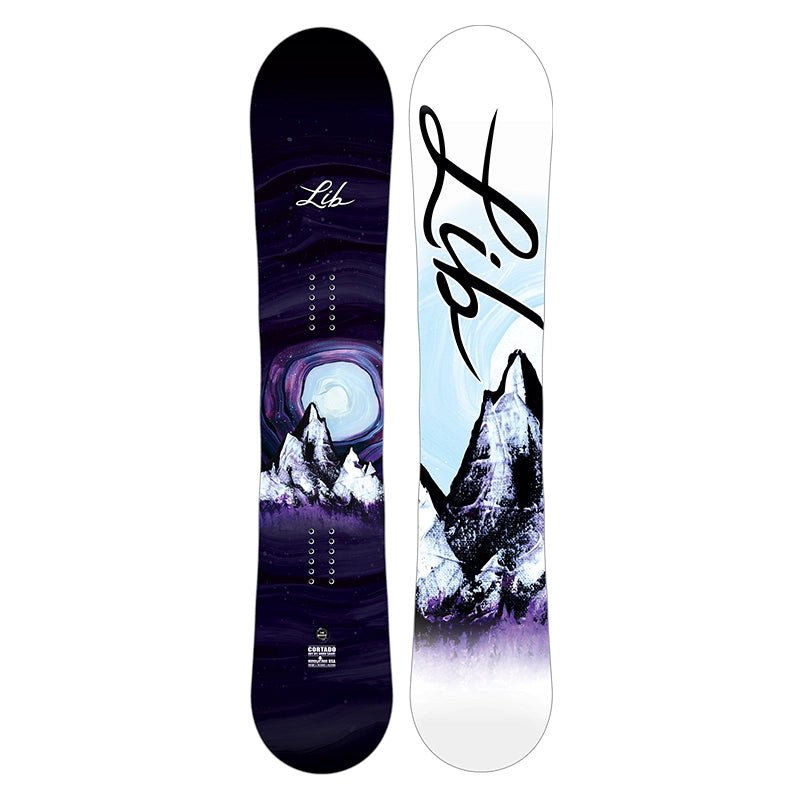 A Lib snowboard shown from both sides against a white background. The top side features a dark purple and black mountain landscape with a glowing moon, while the bottom side is white with a large black Lib logo and a purple-toned mountain graphic.