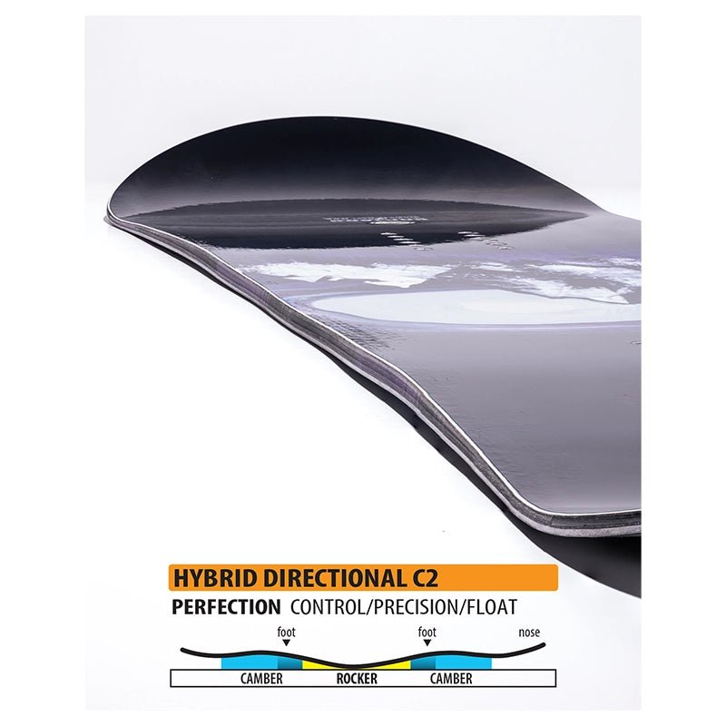 Close-up of a snowboard deck showing the camber and rocker profile, with a printed graphic at the bottom labeled 'HYBRID DIRECTIONAL C2' and a small cross-section diagram explaining control, precision, and float.
