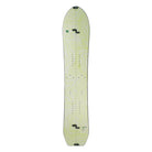 A snowboard shown from the top side, featuring a pale yellow-green background with a light green topographic contour line pattern and black binding devices.