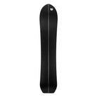 A black snowboard shown from the top view against a solid white background, featuring a thin white center stripe and a small white logo near the top tip.
