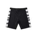 Black athletic shorts with white and black graphic side panels and a black drawstring waist, shown flat on a white background.