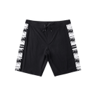 Black athletic shorts with white and black graphic side panels and a black drawstring waist, shown flat on a white background.