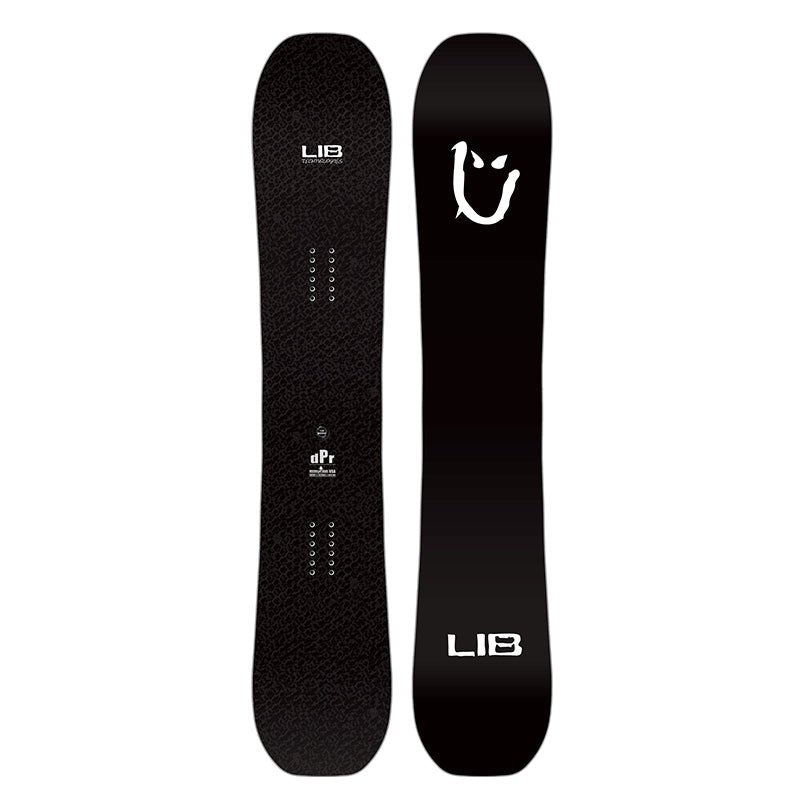 Two views of a black LIB snowboard shown side by side on a plain white background, displaying the textured base and the smooth top sheet with white branding.