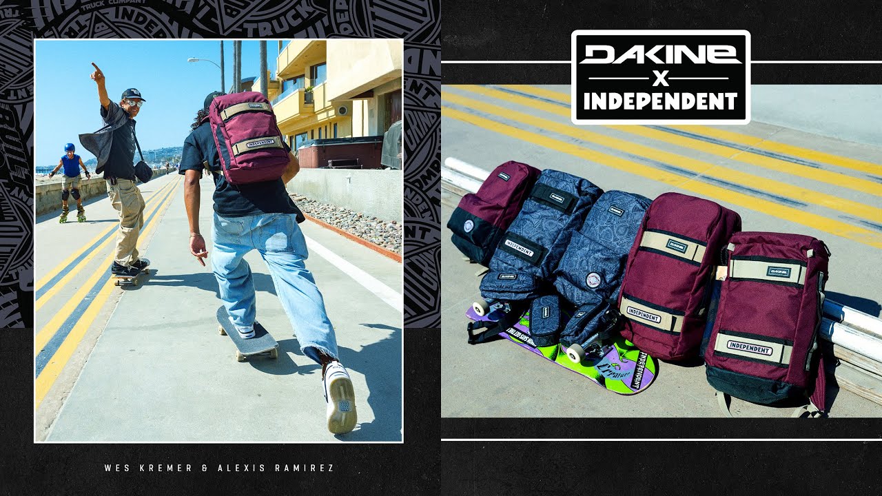 Two people skateboarding on a street with Dakine x Independent backpacks displayed.