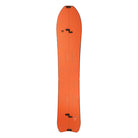 An orange snowboard shown from the bottom side against a solid white background, featuring black bindings and small white branding text.
