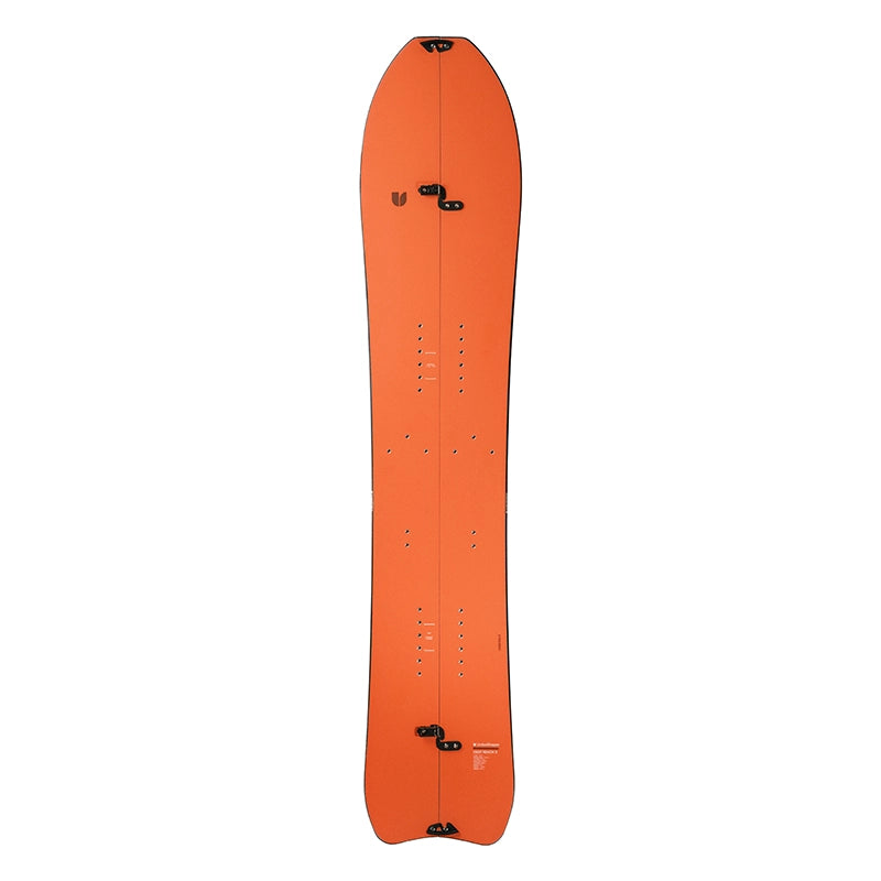An orange snowboard shown from the bottom side against a solid white background, featuring black bindings and small white branding text.