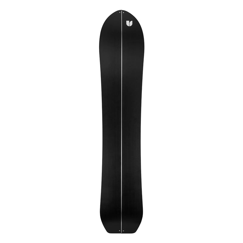 A black snowboard shown from the top view against a solid white background, featuring a thin white center stripe and a small white logo near the top tip.
