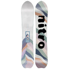 Front and back views of a Nitro snowboard on a solid white background, featuring a multicolor abstract wavy pattern in pastel shades of blue, green, purple, and orange on a white base.