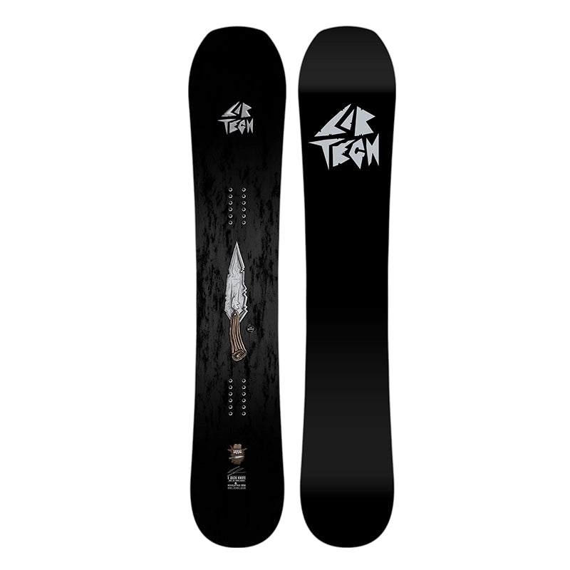 A black snowboard shown from both the top and bottom sides against a plain white background. The top side features a dark textured pattern with a central knife graphic, while the bottom side displays a white 'LC Tech' logo.