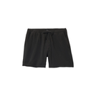 Black drawstring shorts with side pockets, photographed flat against a solid white background.