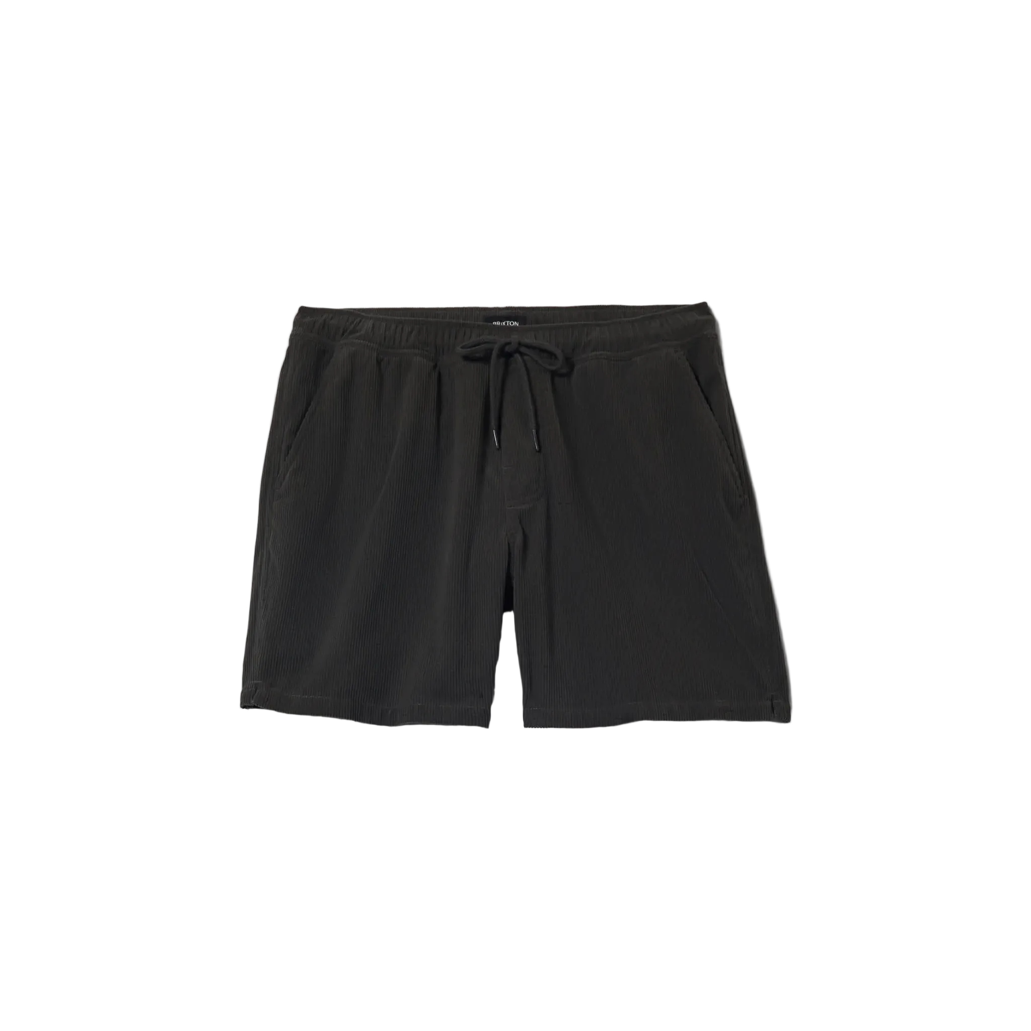 Black drawstring shorts with side pockets, photographed flat against a solid white background.