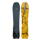Two views of a Rossignol snowboard side-by-side: one showing the dark slate gray base with black graphic patterns and the other showing the vibrant yellow and brown cracked-glass style top graphic.