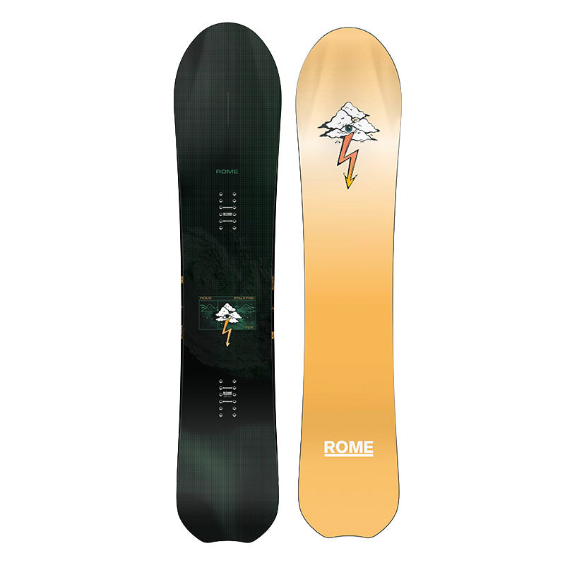 A snowboard shown from both sides against a plain white background. The left side shows a dark green to black gradient with a small mountain-and-lightning graphic and the brand name Rome.