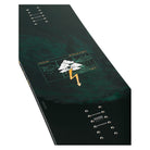 A snowboard shown from a top-down angled view, featuring a dark green top and gold lightning bolt.