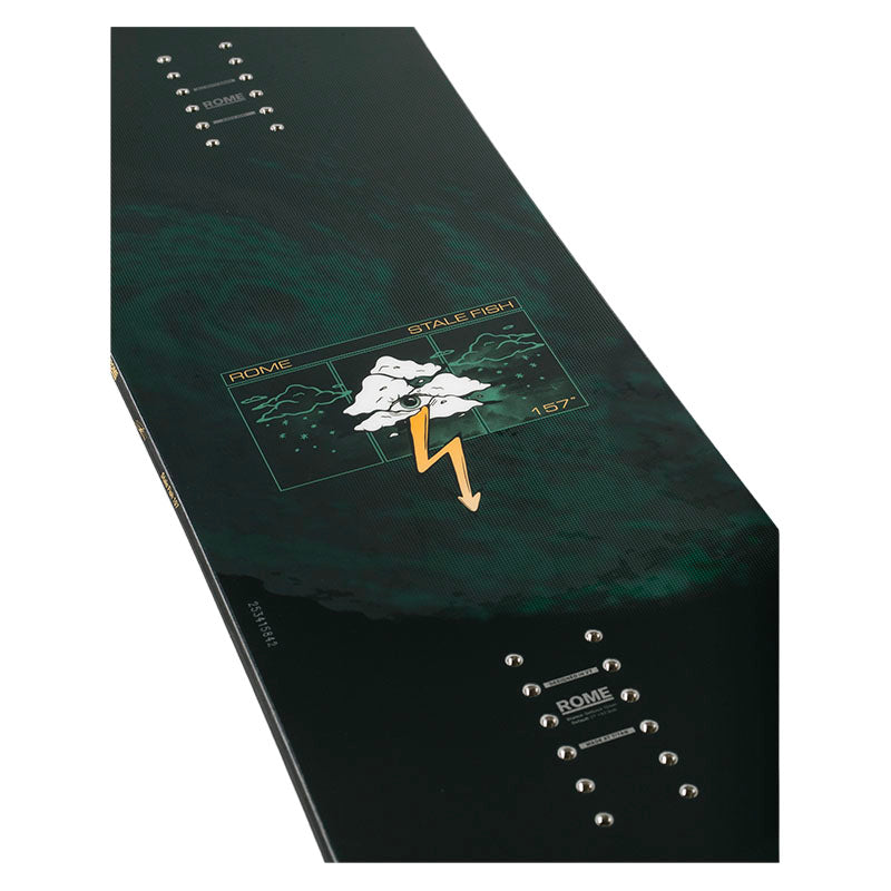 A snowboard shown from a top-down angled view, featuring a dark green top and gold lightning bolt.