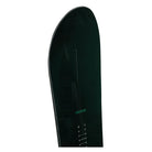 Close-up of the tail section of a dark green snowboard with a green 'ROME' logo and binding holes, shown against a plain white background.
